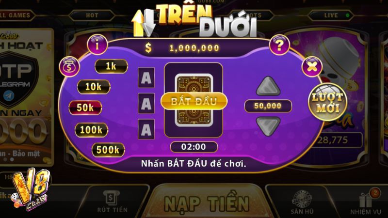 Trên Dưới thử tài bet thủ dự đoán giá trị lá bài mở ra bé hay lớn hơn quân hiện tại